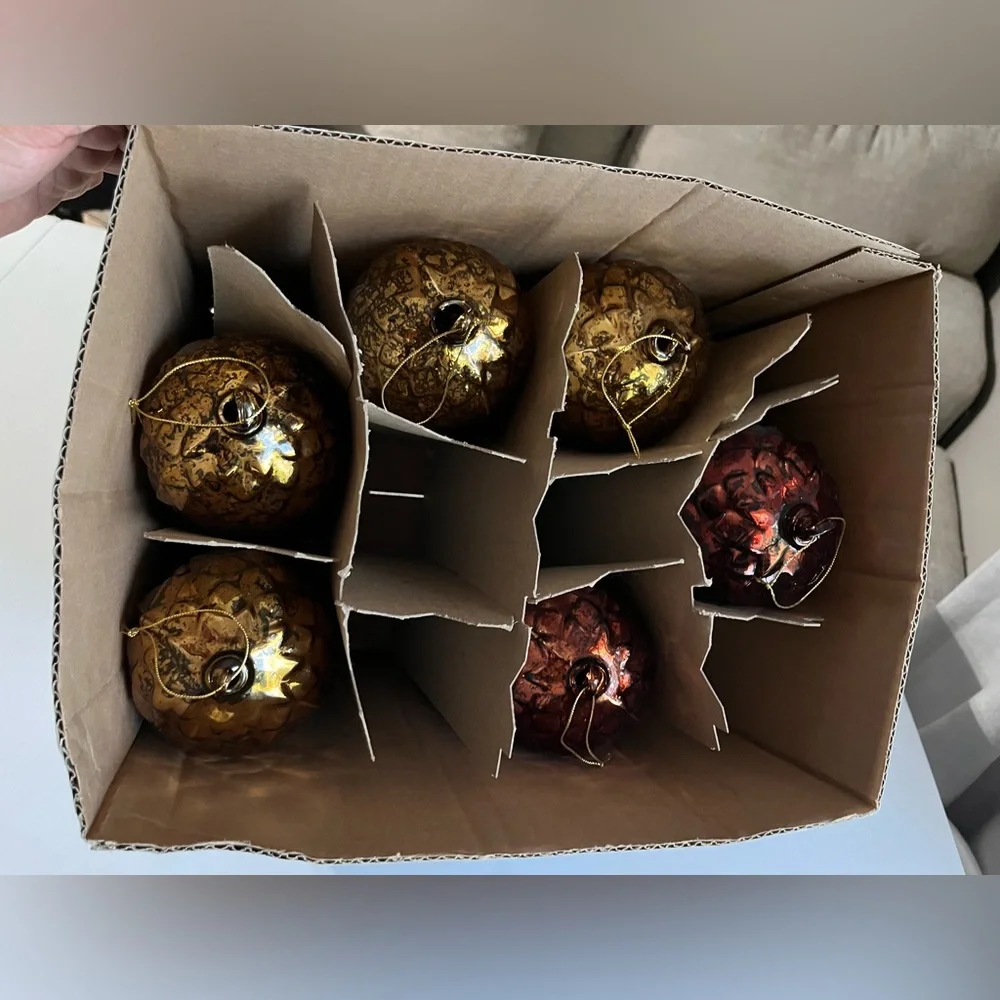 ▪️6 VINTAGE LARGE BLOWN BRONCE AMBER GLASS ORNAMENT PINE CONE